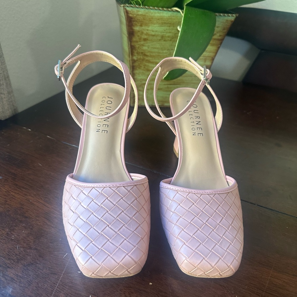 Journee Collection Blush Pink Woven Square-Toe Ankle-Strap Heels